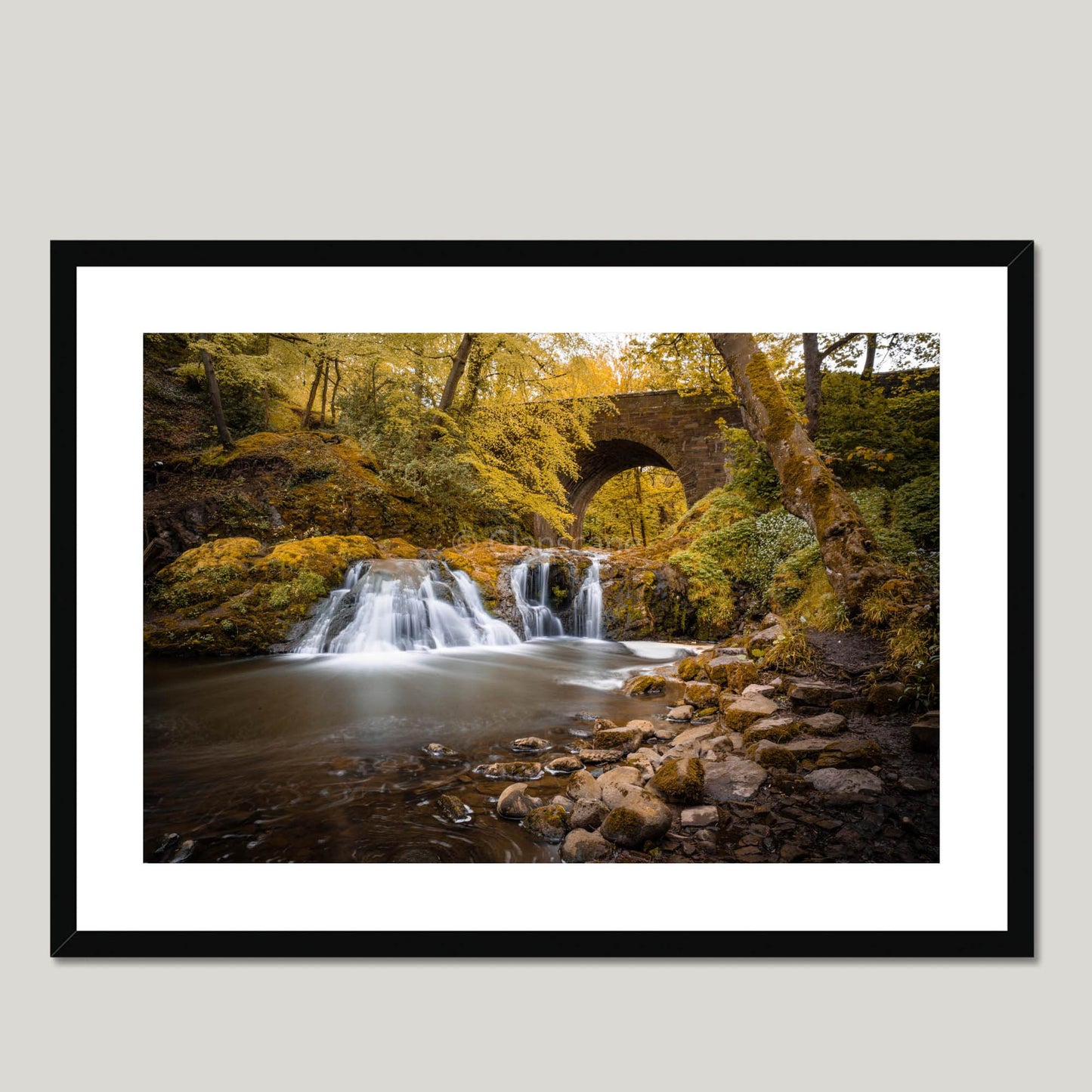 Clan Elliot - Arbirlot Waterfall - Framed & Mounted Photo Print 28"x20" Black