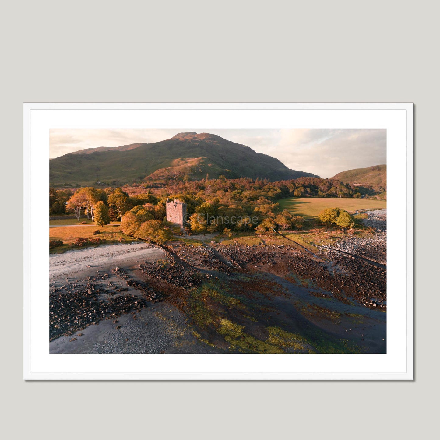 Clan MacLaine of Lochbuie - Moy Castle - Framed Aerial Photo Print 40"x28" White