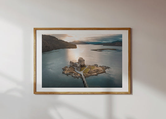 Eilean Donan Castle aerial view, historic seat of Clan Mackenzie
