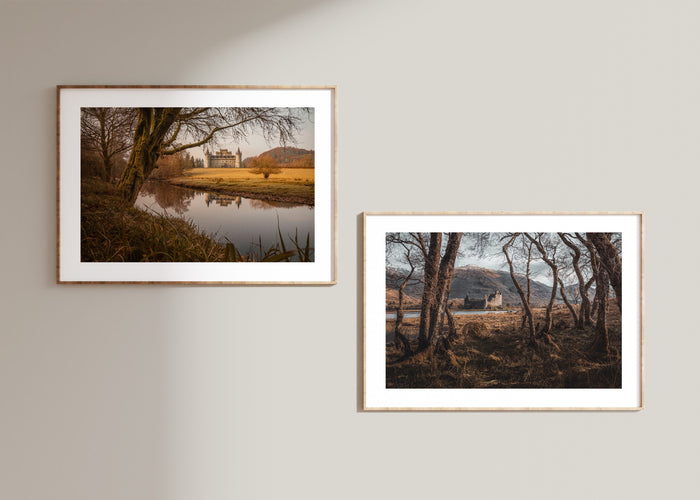 Wall with two framed landscape photograph prints of Clan Campbell Castles