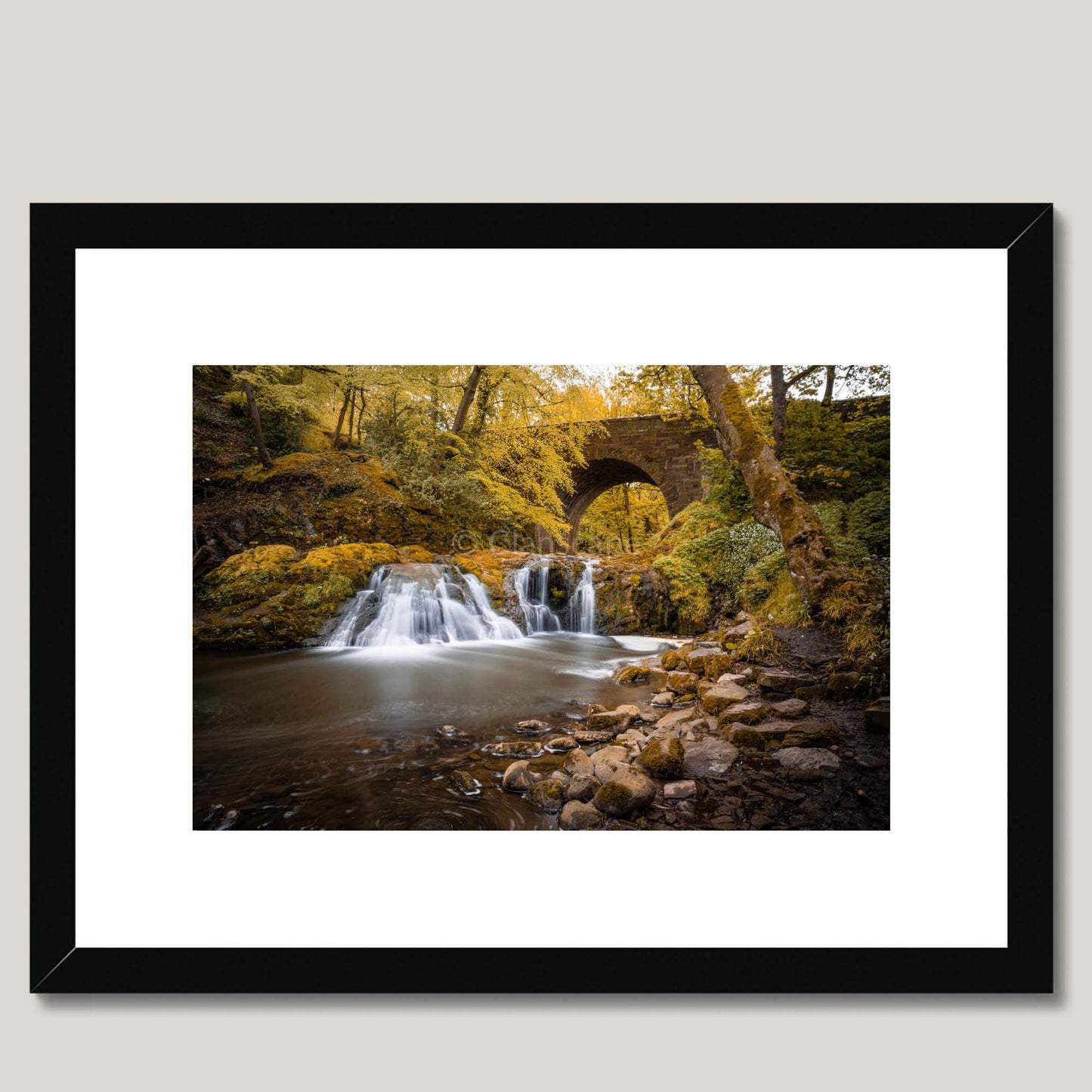 Clan Elliot - Arbirlot Waterfall - Framed & Mounted Photo Print 16"x12" Black