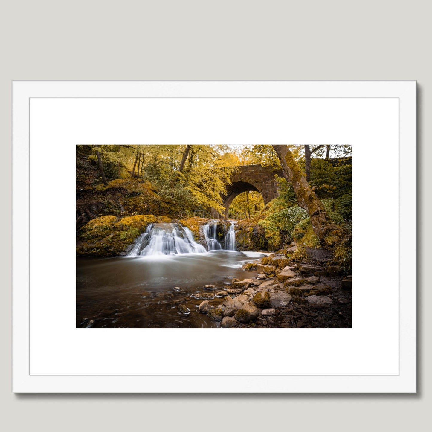 Clan Elliot - Arbirlot Waterfall - Framed & Mounted Photo Print 16"x12" White