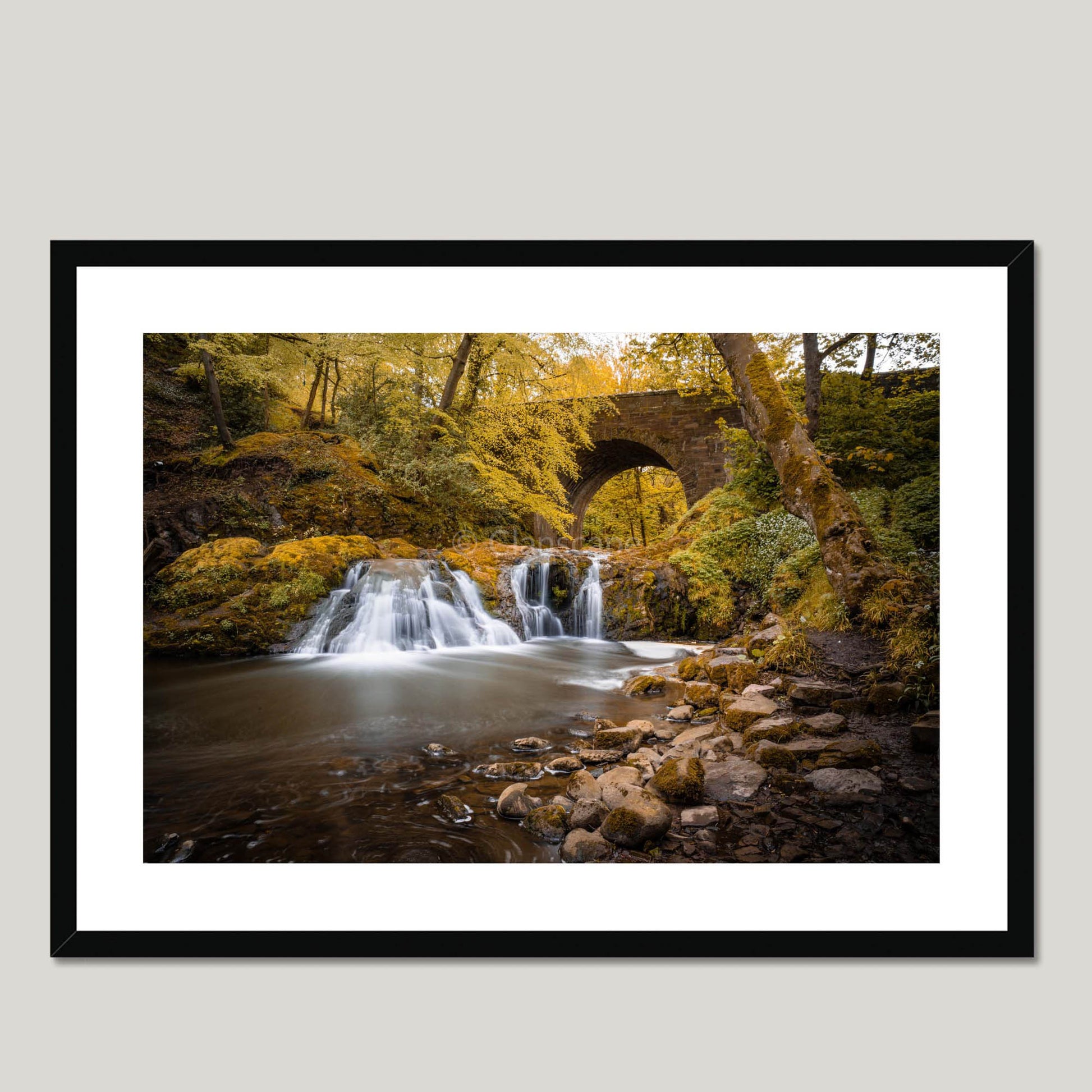 Clan Elliot - Arbirlot Waterfall - Framed & Mounted Photo Print 28"x20" Black