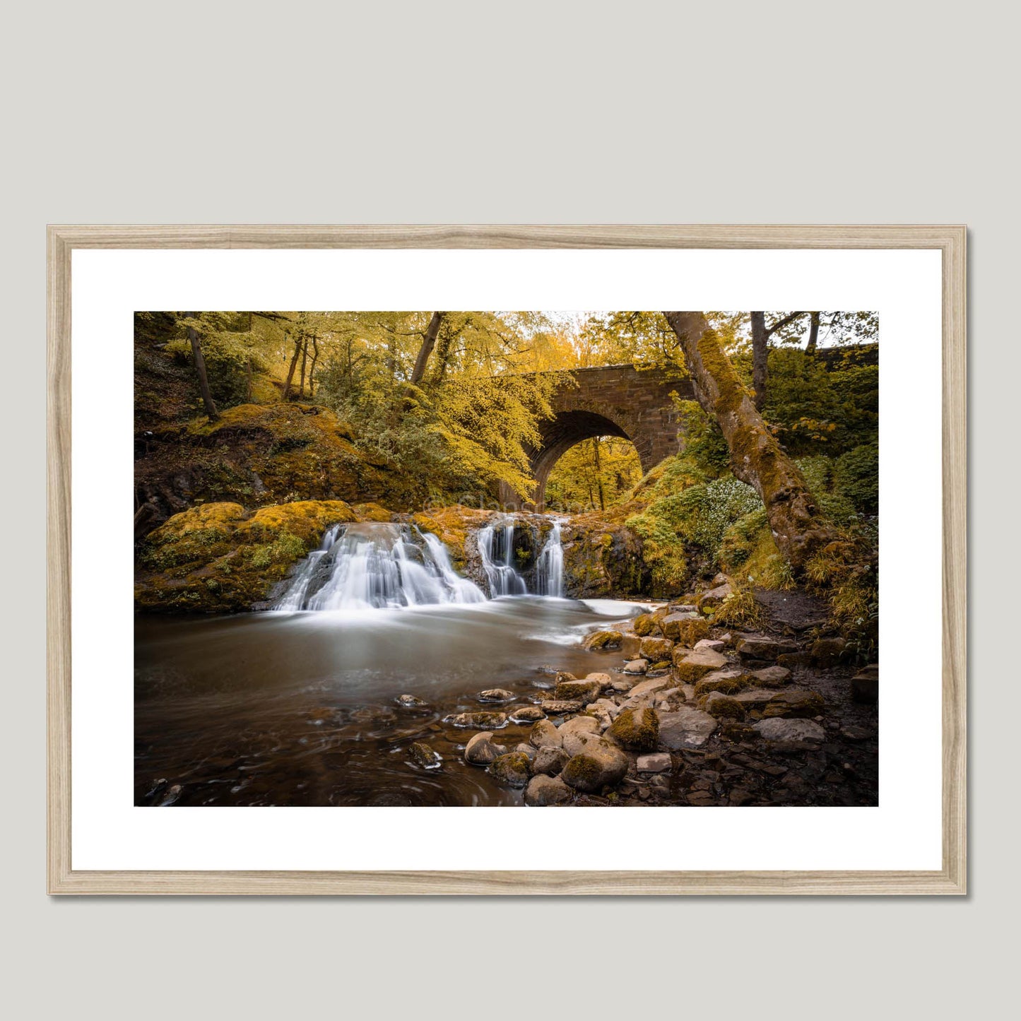 Clan Elliot - Arbirlot Waterfall - Framed & Mounted Photo Print 28"x20" Natural