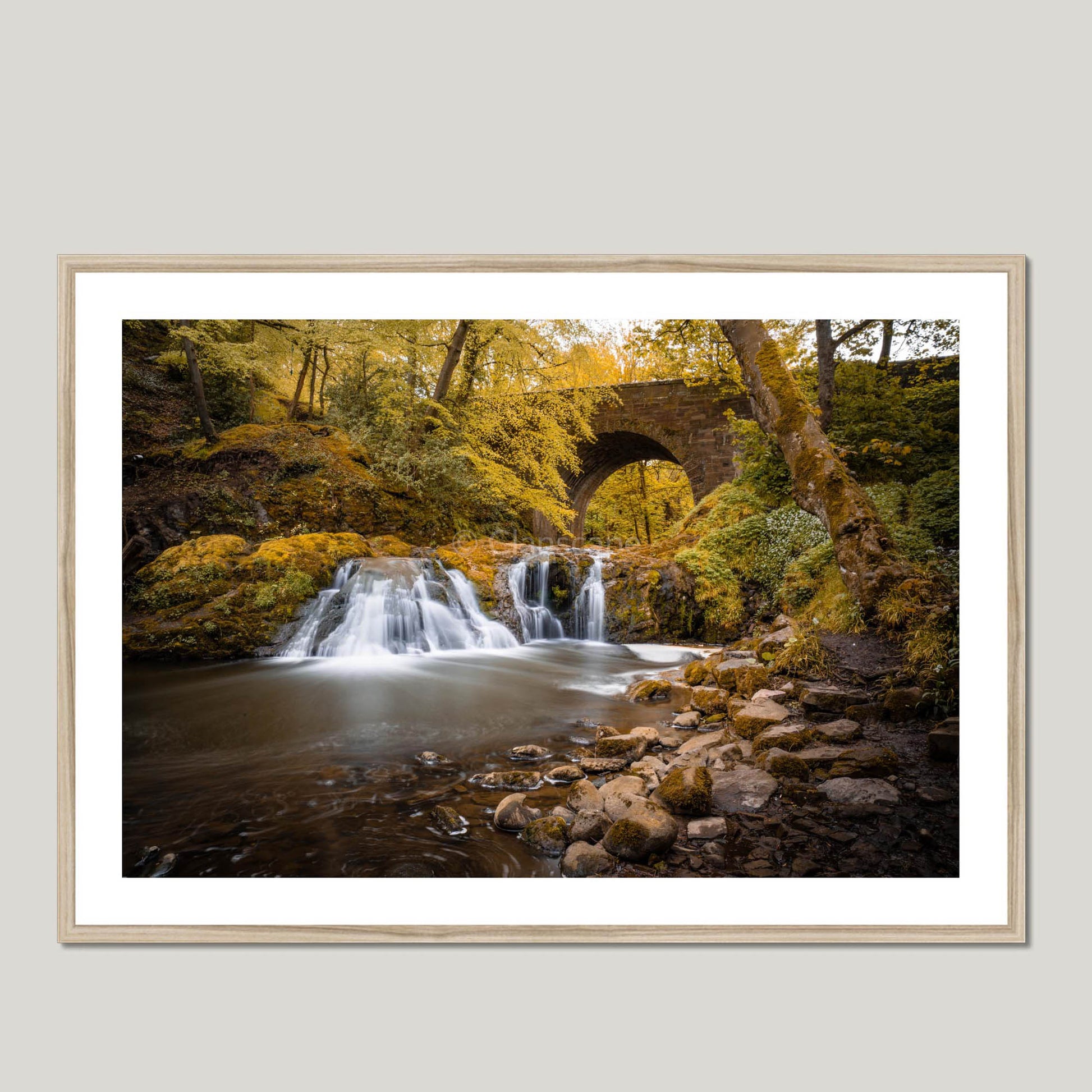 Clan Elliot - Arbirlot Waterfall - Framed & Mounted Photo Print 40"x28" Natural