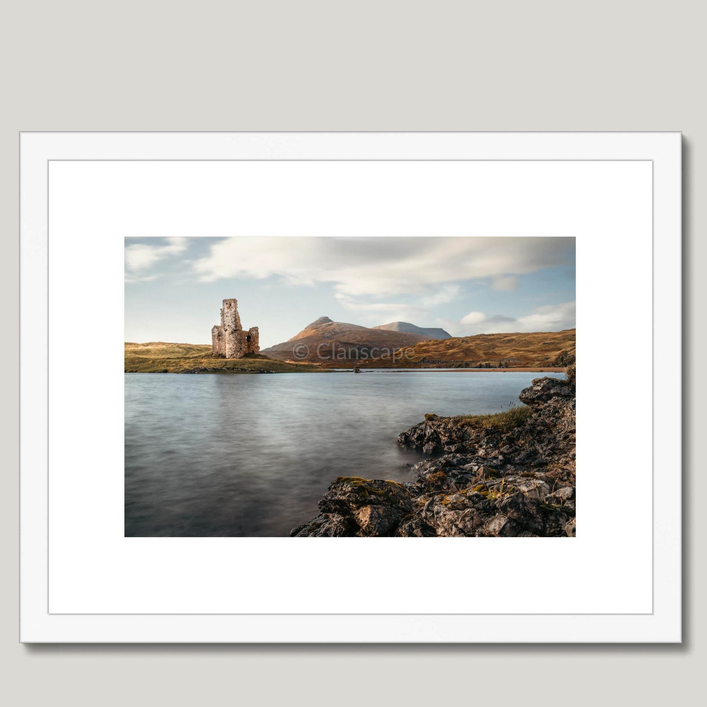 Clan Macleod of Assynt - Ardvreck Castle - Framed & Mounted Photo Print 16"x12" White Frame