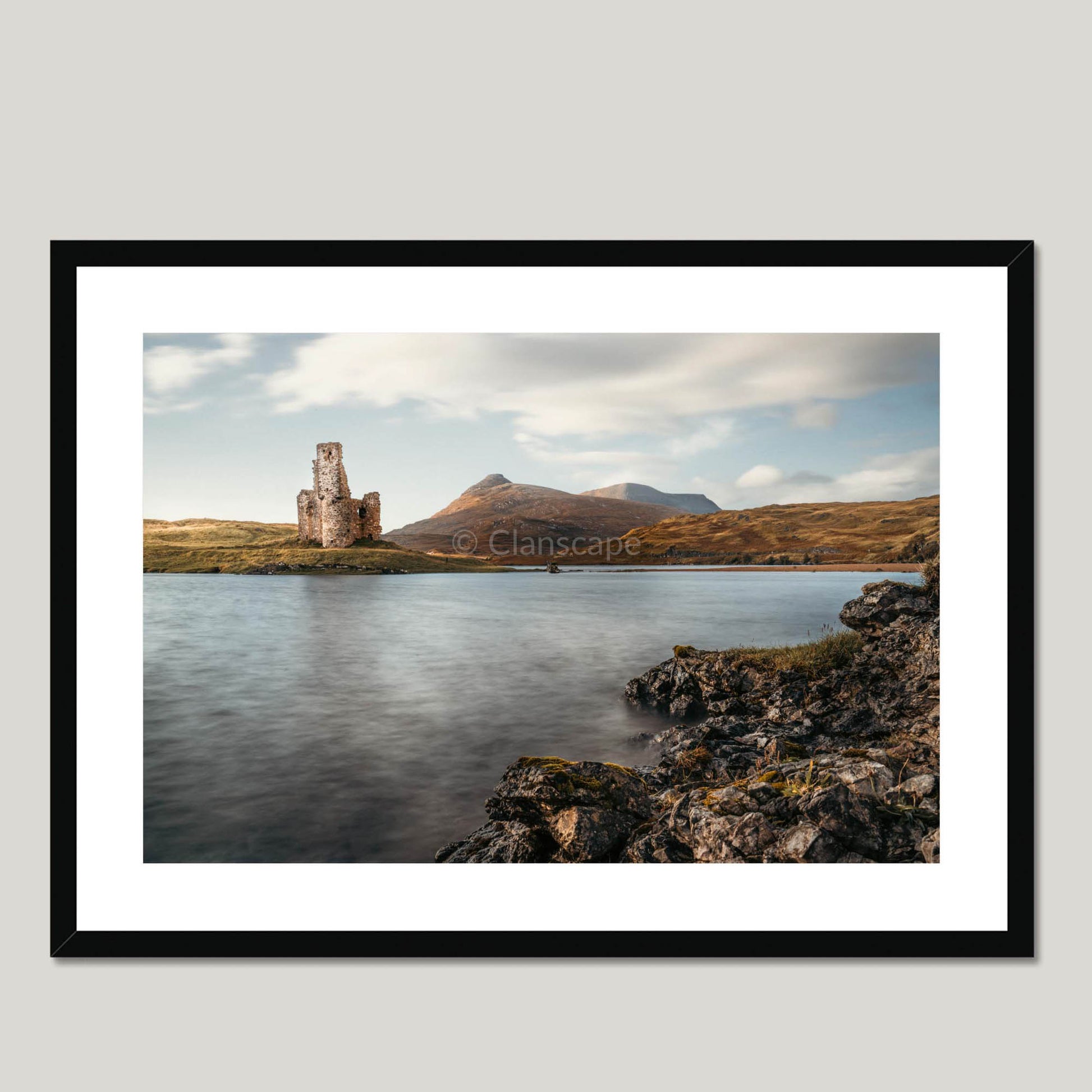 Clan Macleod of Assynt - Ardvreck Castle - Framed & Mounted Photo Print 28"x20" Black Frame