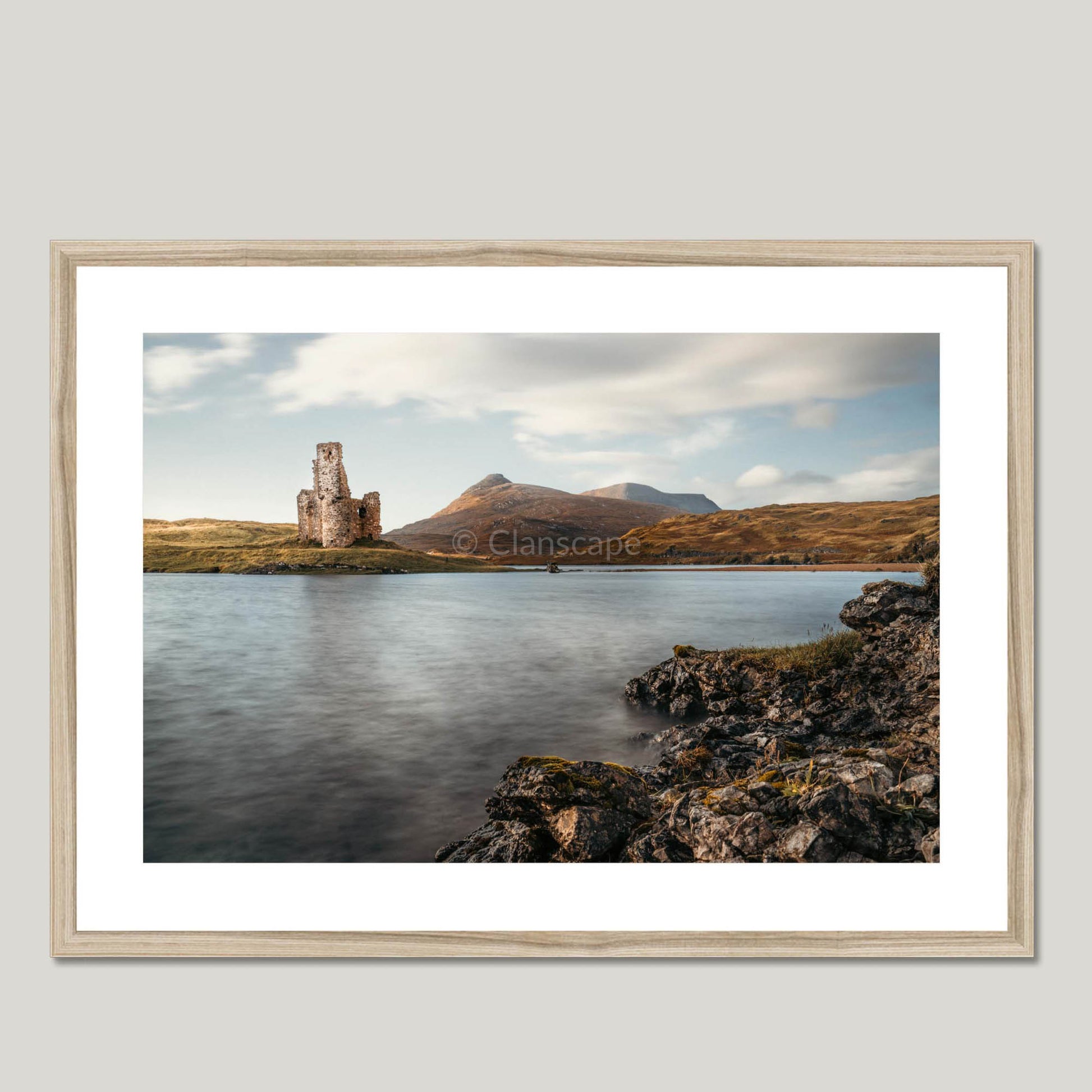 Clan Macleod of Assynt - Ardvreck Castle - Framed & Mounted Photo Print 28"x20" Natural Frame