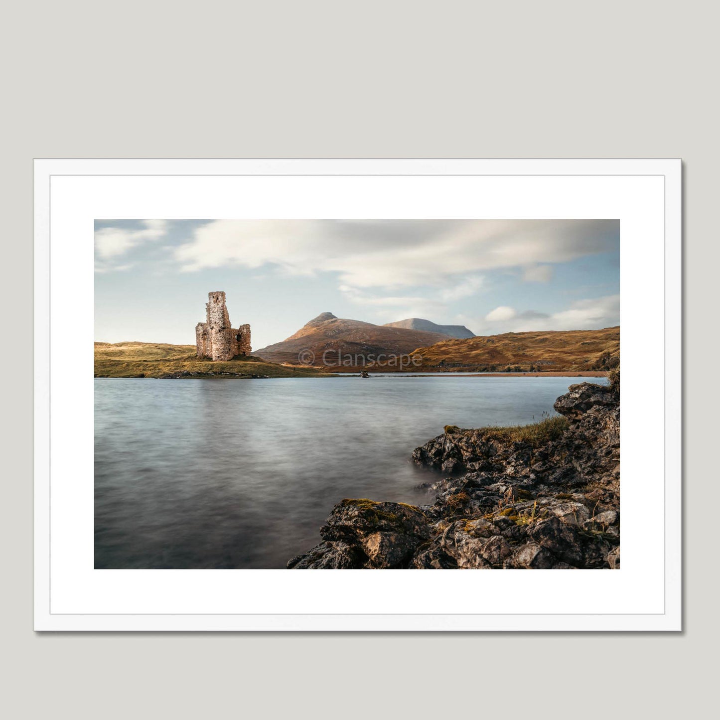 Clan Mackenzie - Ardvreck Castle - Framed & Mounted Photo Print 28"x20" White