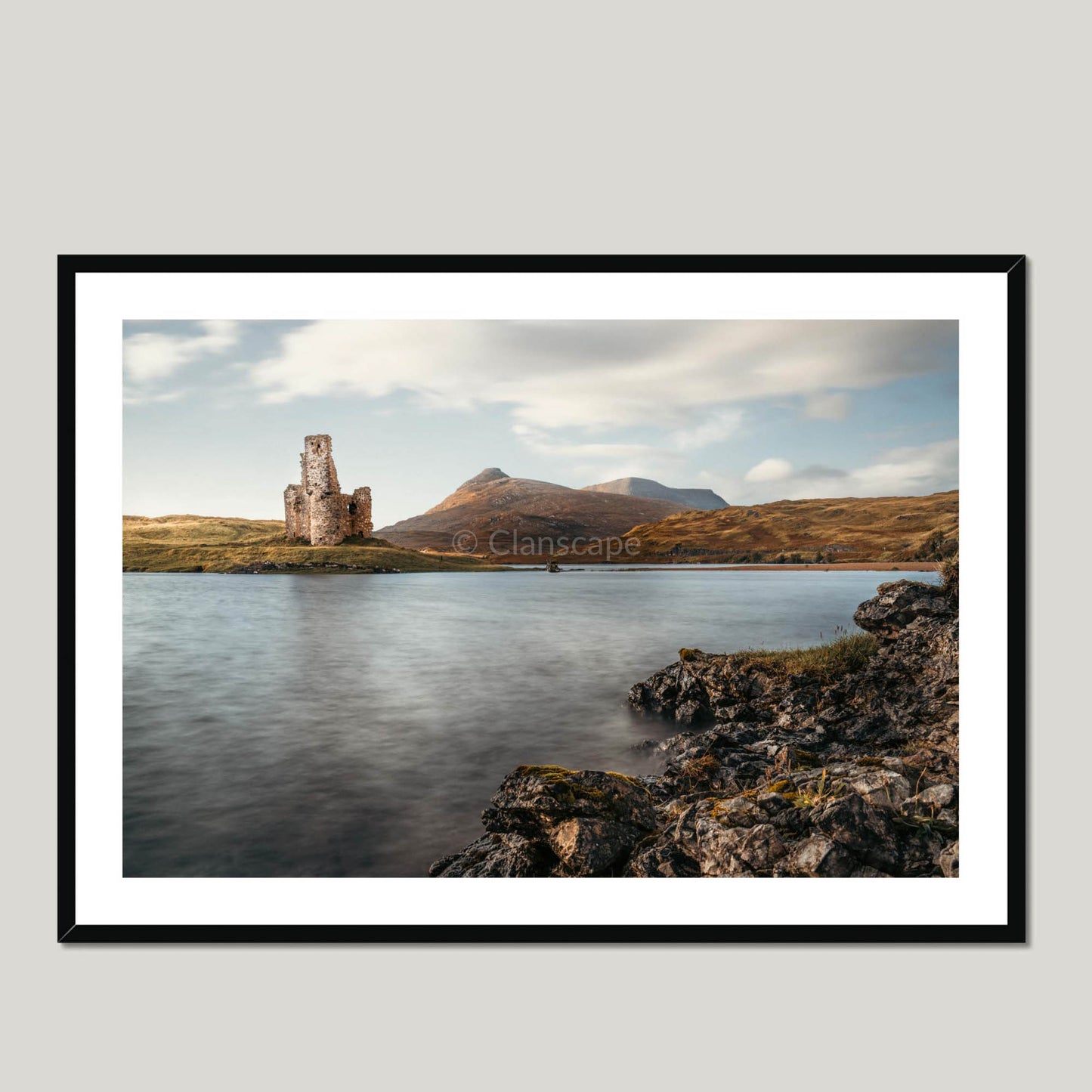 Clan Macleod of Assynt - Ardvreck Castle - Framed & Mounted Photo Print 40"x28" Black Frame