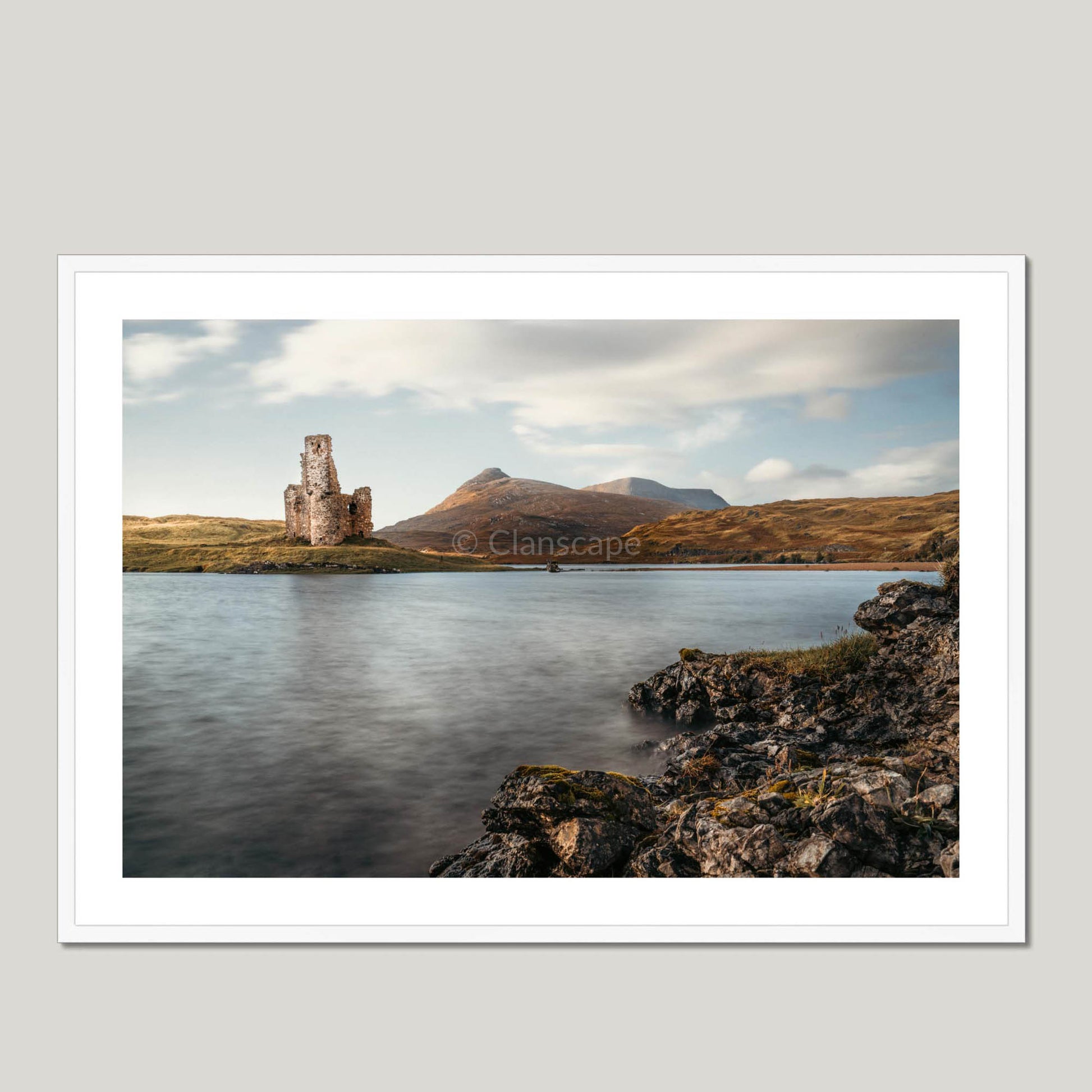 Clan Mackenzie - Ardvreck Castle - Framed & Mounted Photo Print 40"x28" White