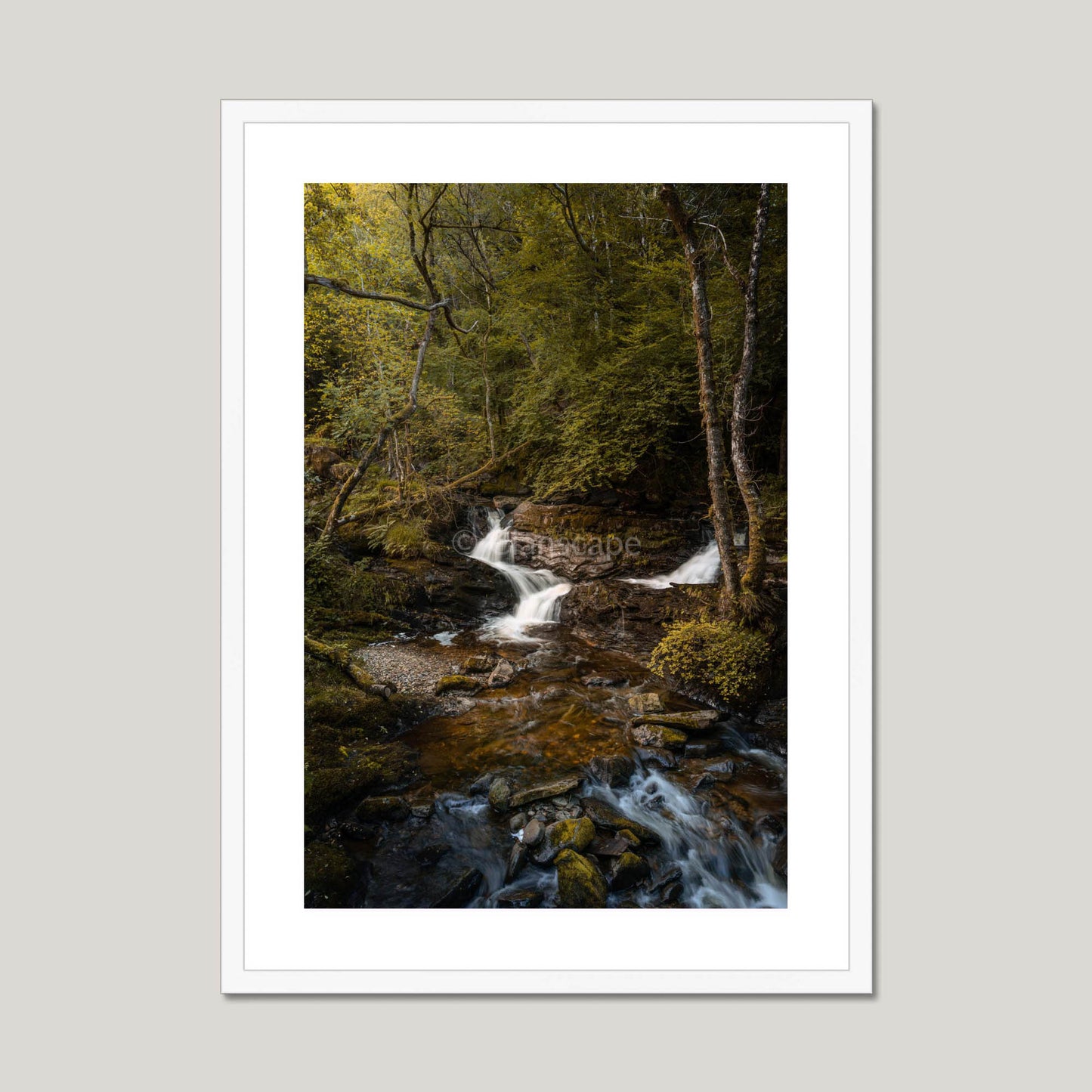 Clan MacGregor - Balquhidder Waterfall - Framed & Mounted Photo Print 20"x28" White