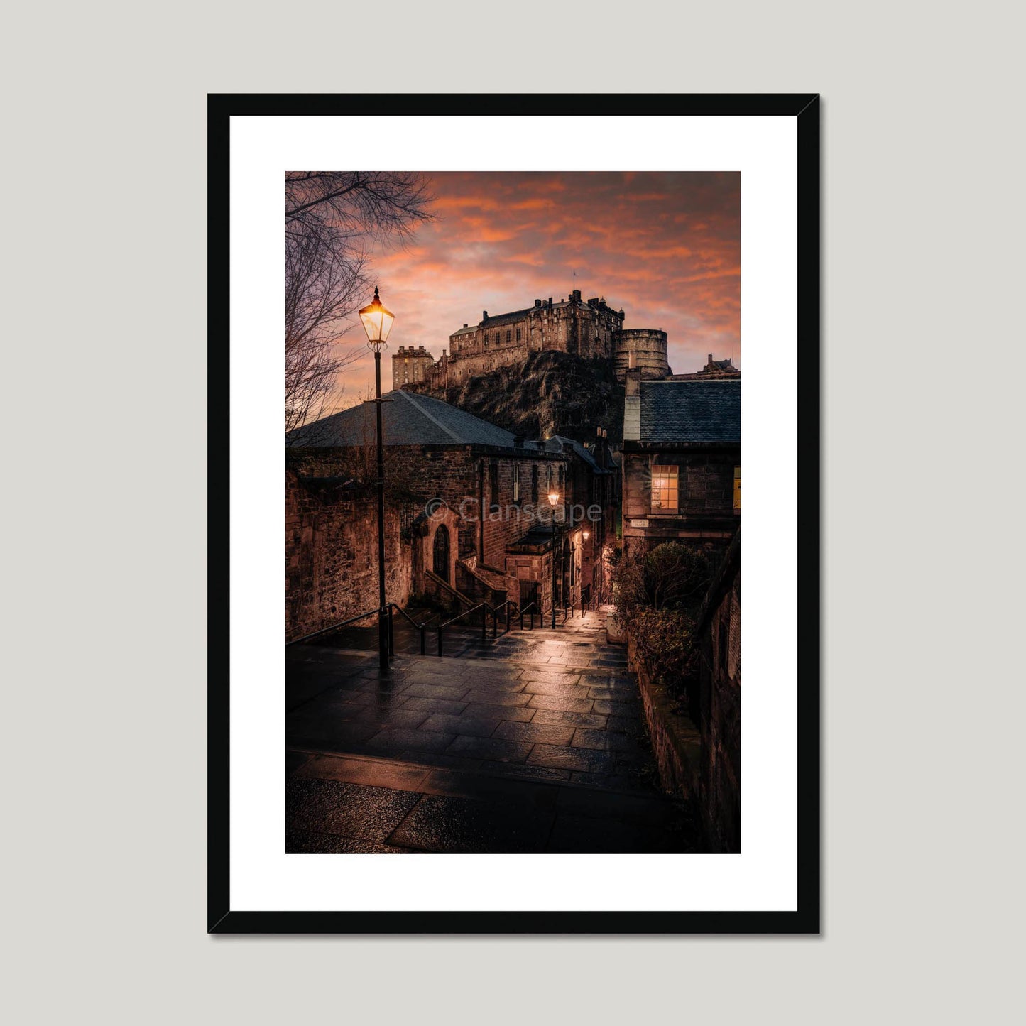 Clan Stewart - Edinburgh Castle, Vennel View - Framed Photo Print 20"x28" Black