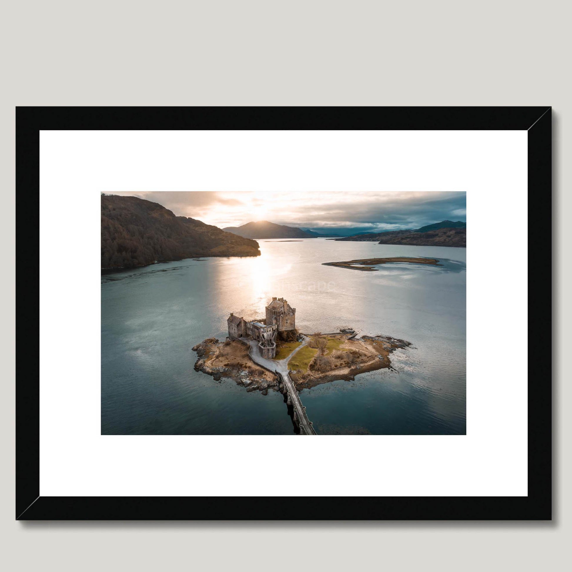 Clan Mackenzie - Eilean Donan Castle - Aerial Framed Photo Print 16"x12" Black