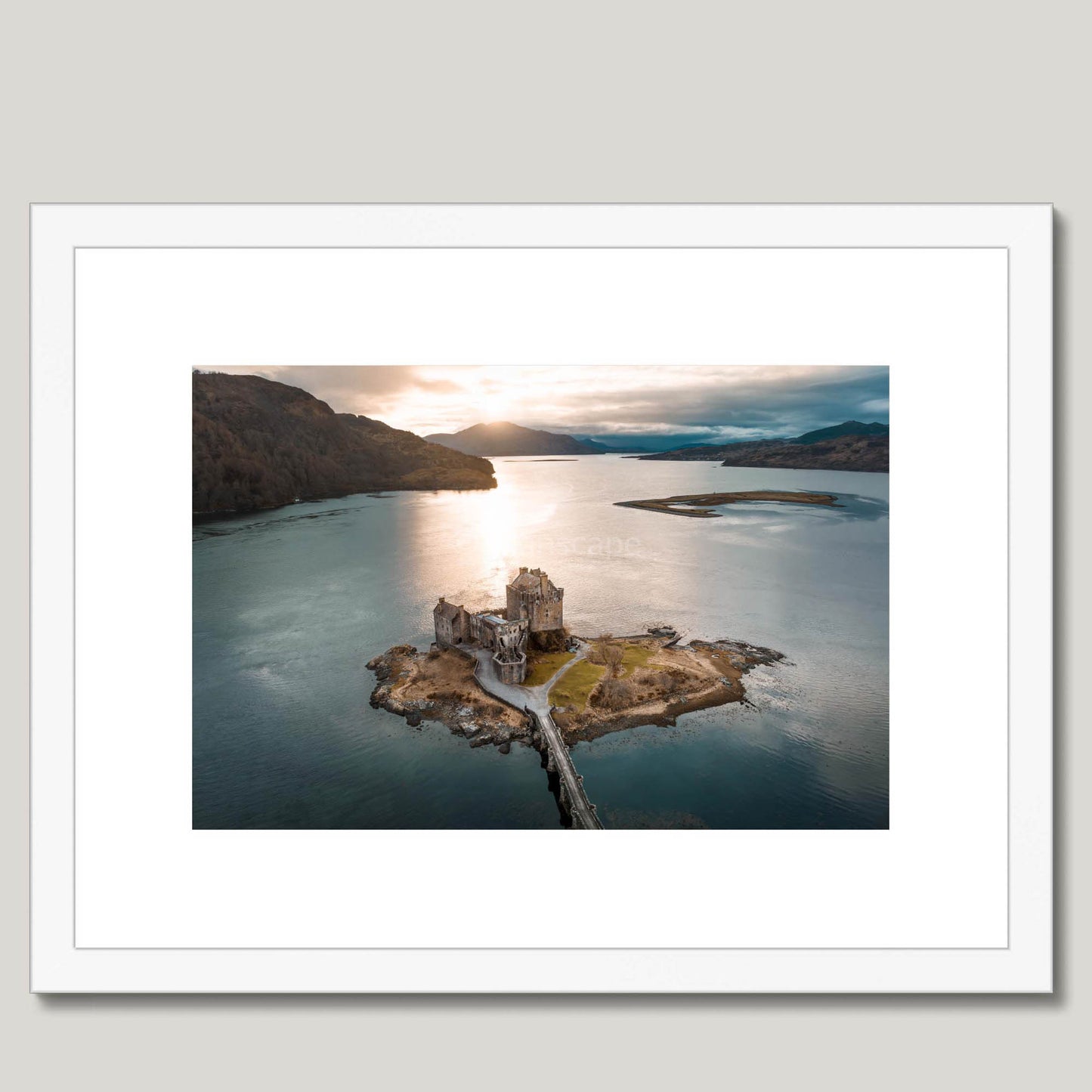 Clan Mackenzie - Eilean Donan Castle - Aerial Framed Photo Print 16"x12" White