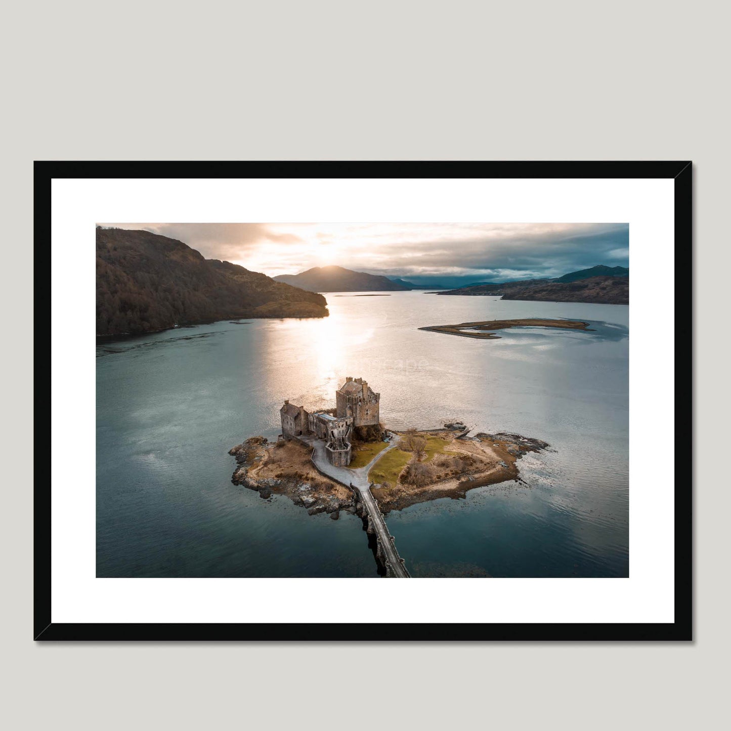 Clan Mackenzie - Eilean Donan Castle - Aerial Framed Photo Print 28"x20" Black