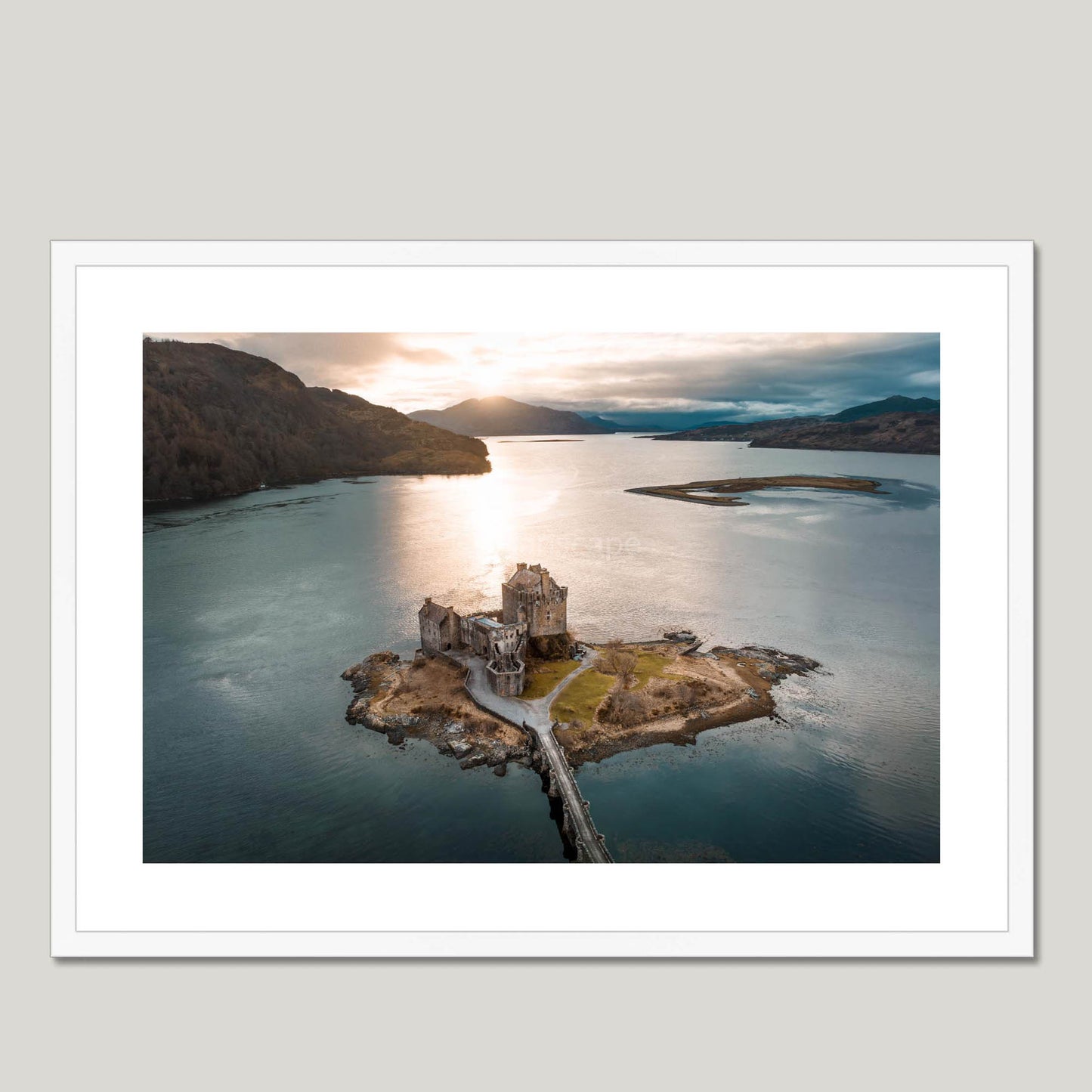 Clan Mackenzie - Eilean Donan Castle - Aerial Framed Photo Print 28"x20" White