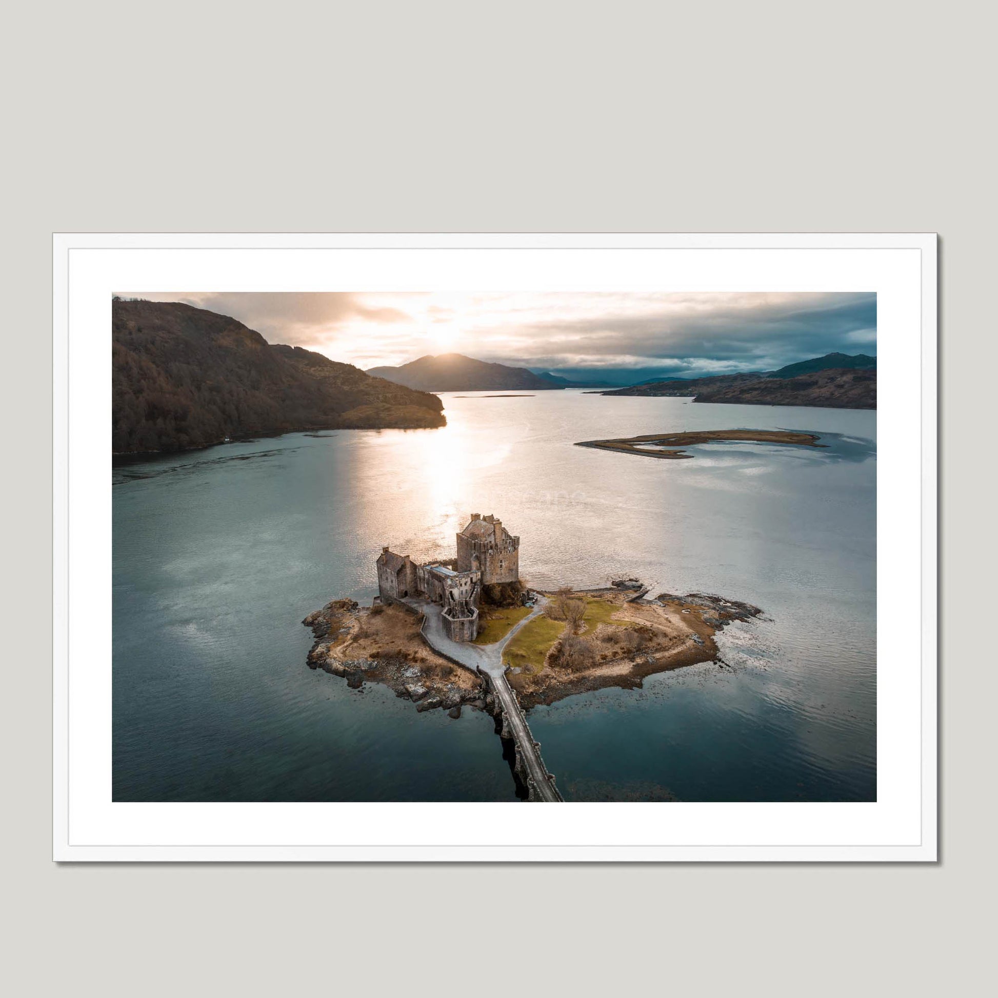 Clan Mackenzie - Eilean Donan Castle - Aerial Framed Photo Print 40"x28" White