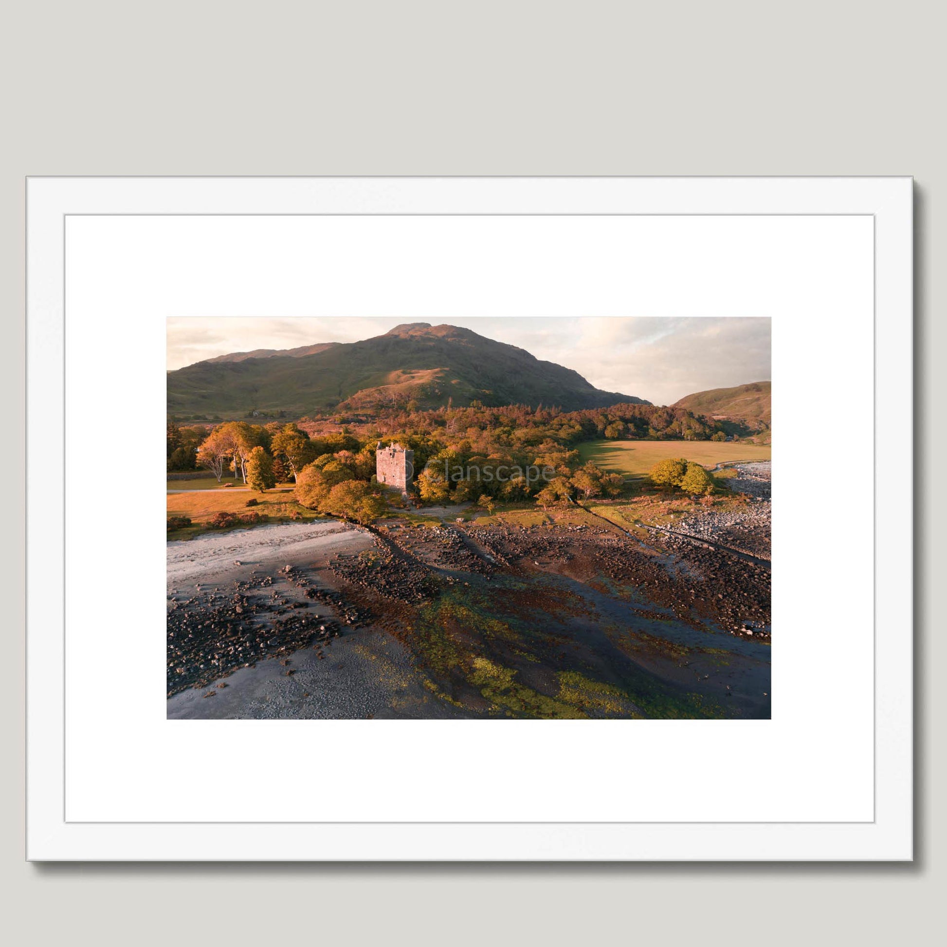 Clan MacLaine of Lochbuie - Moy Castle - Framed Aerial Photo Print 16"x12" White