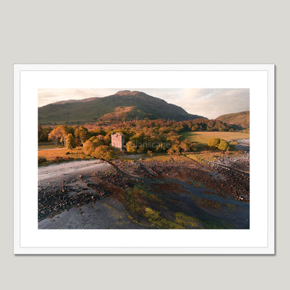 Clan MacLaine of Lochbuie - Moy Castle - Framed Aerial Photo Print 28"x20" White