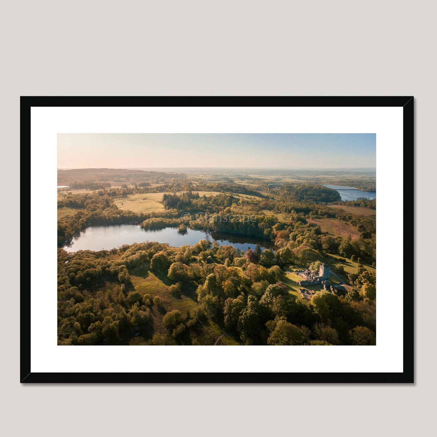 Clan Graham - Mugdock Castle - Framed Aerial Photo Print 28"x20" Black Frame