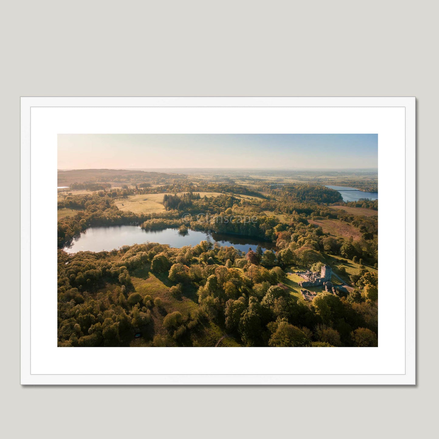 Clan Graham - Mugdock Castle - Framed Aerial Photo Print 28"x20" White Frame