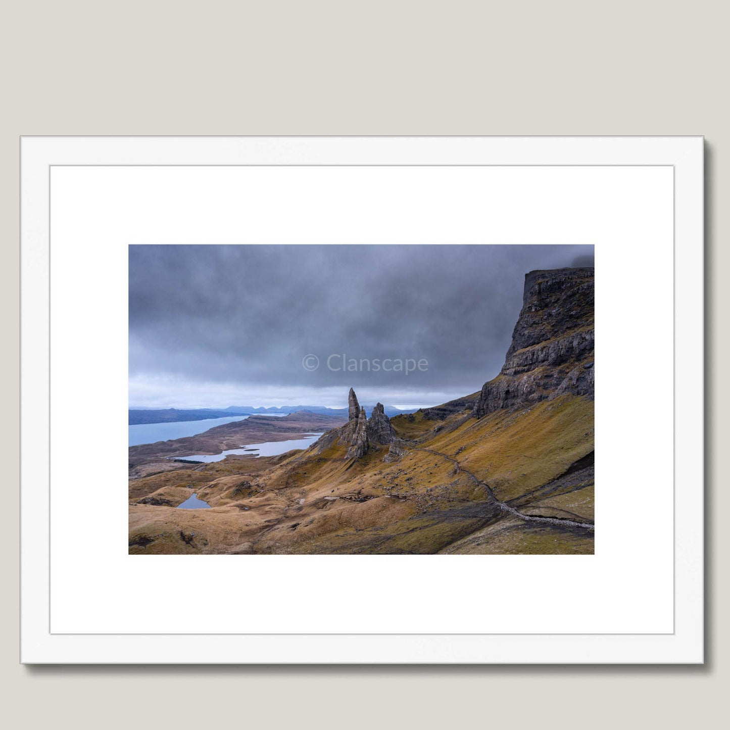 Clan MacDonald of Sleat - Old Man of Storr, Isle of Skye - Framed & Mounted Photo Print 16"x12" White