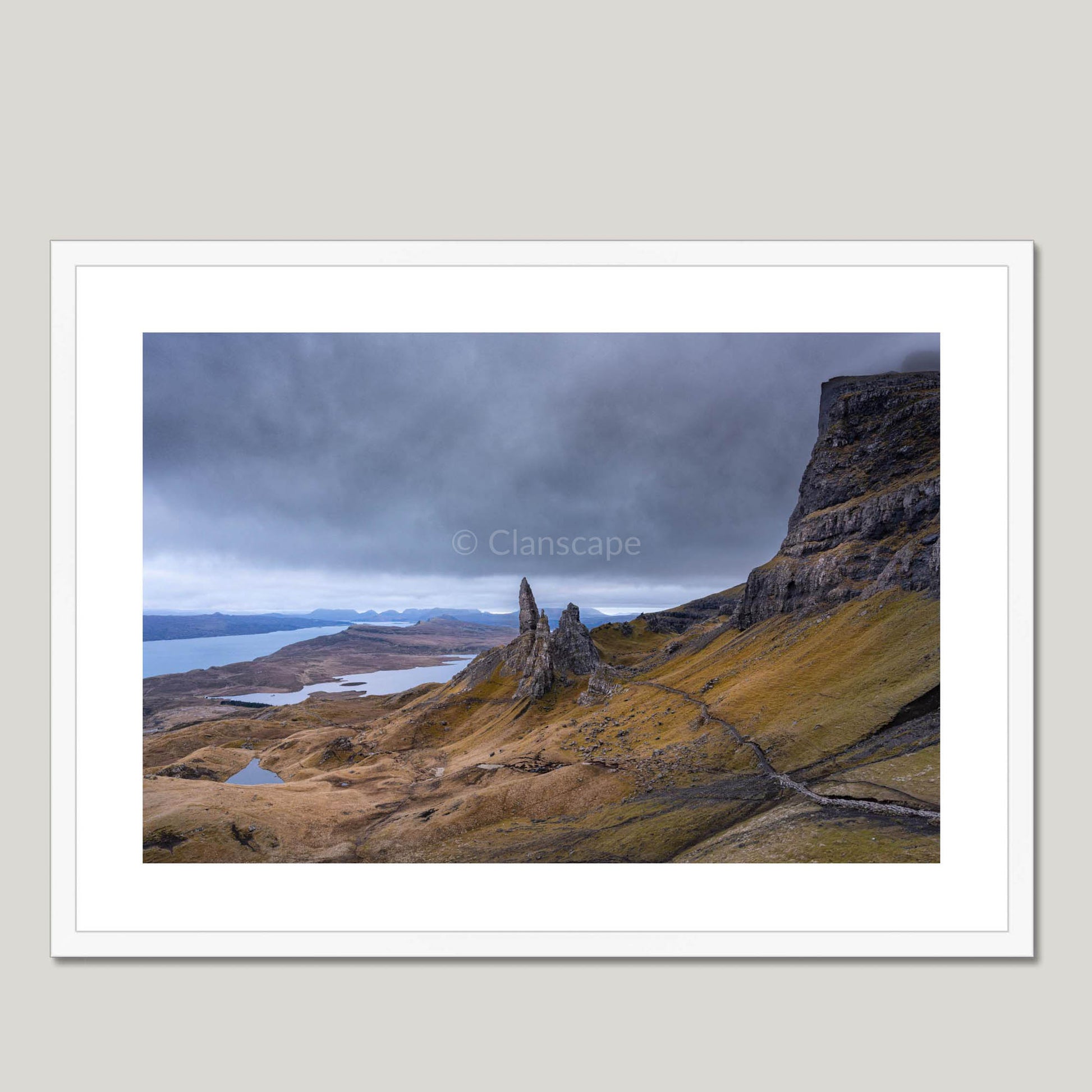 Clan MacNeacail - Old Man of Storr, Isle of Skye - Framed & Mounted Print 28"x20" White