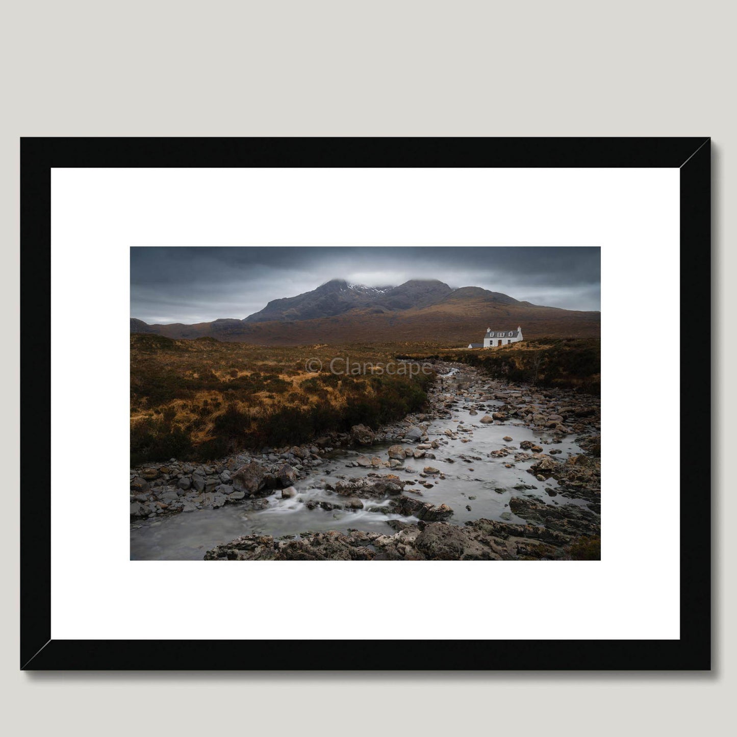 Clan Mackinnon - Allt Dearg Cottage and Sgùrr nan Gillean - Framed & Mounted Photo Print 16"x12" Black