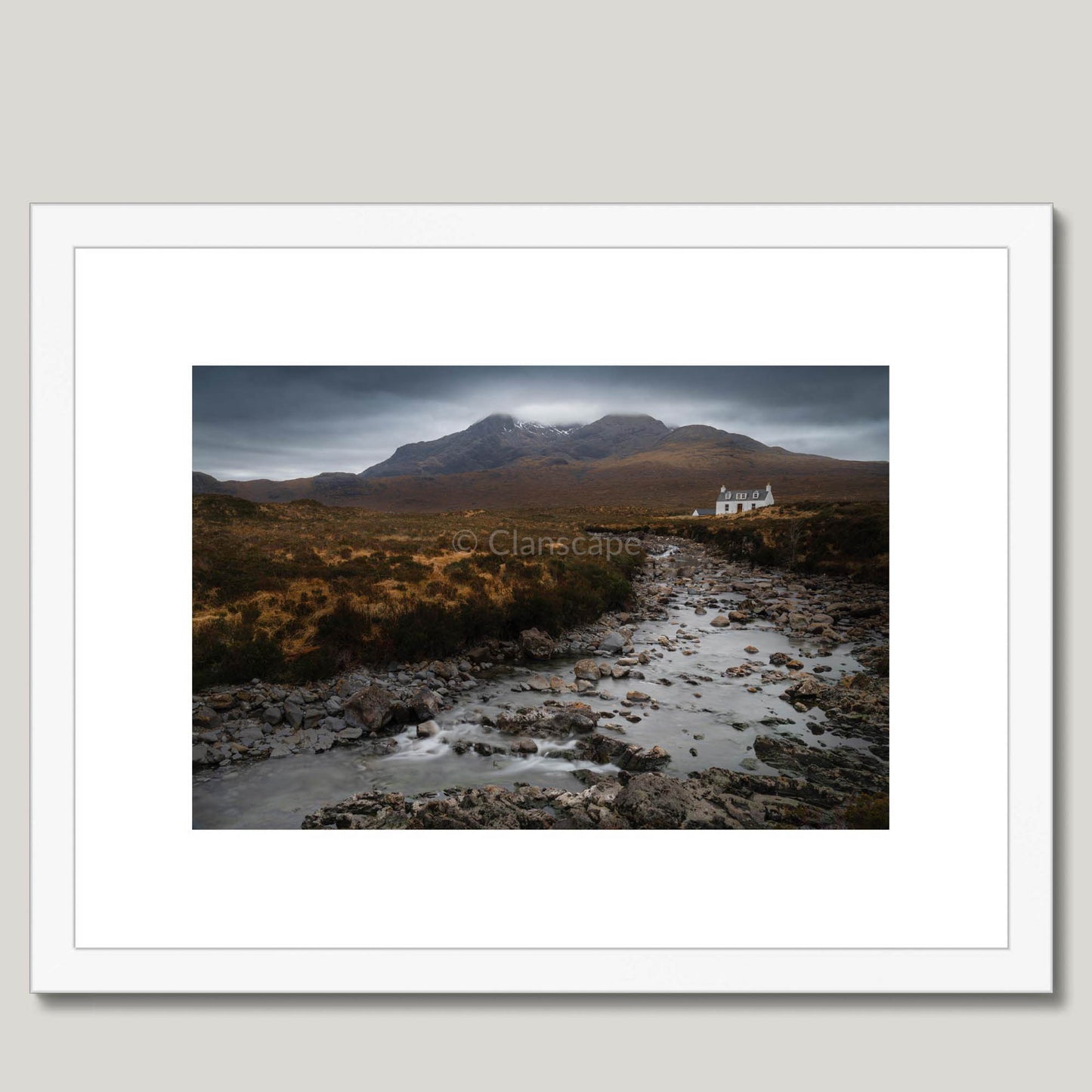 Clan Mackinnon - Allt Dearg Cottage and Sgùrr nan Gillean - Framed & Mounted Photo Print 16"x12" White