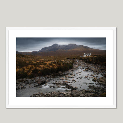 Clan Mackinnon - Allt Dearg Cottage and Sgùrr nan Gillean - Framed & Mounted Photo Print 28"x20" White