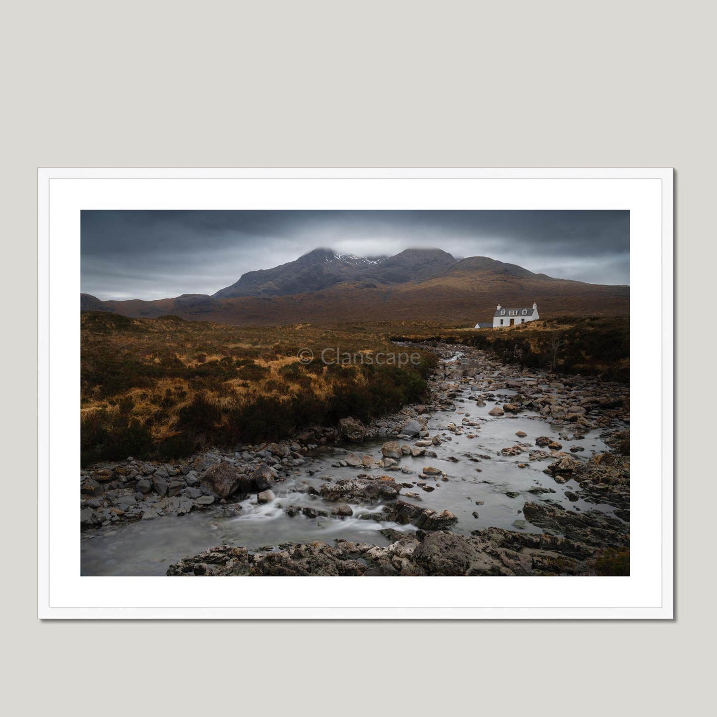 Clan Mackinnon - Allt Dearg Cottage and Sgùrr nan Gillean - Framed & Mounted Photo Print 40"x28" White